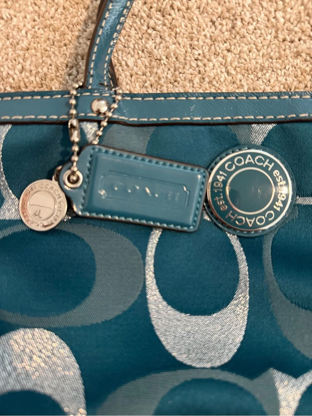 COACH factory F20429 Signature Sateen Tote Shoulder Bag in Teal Blue Metallic
